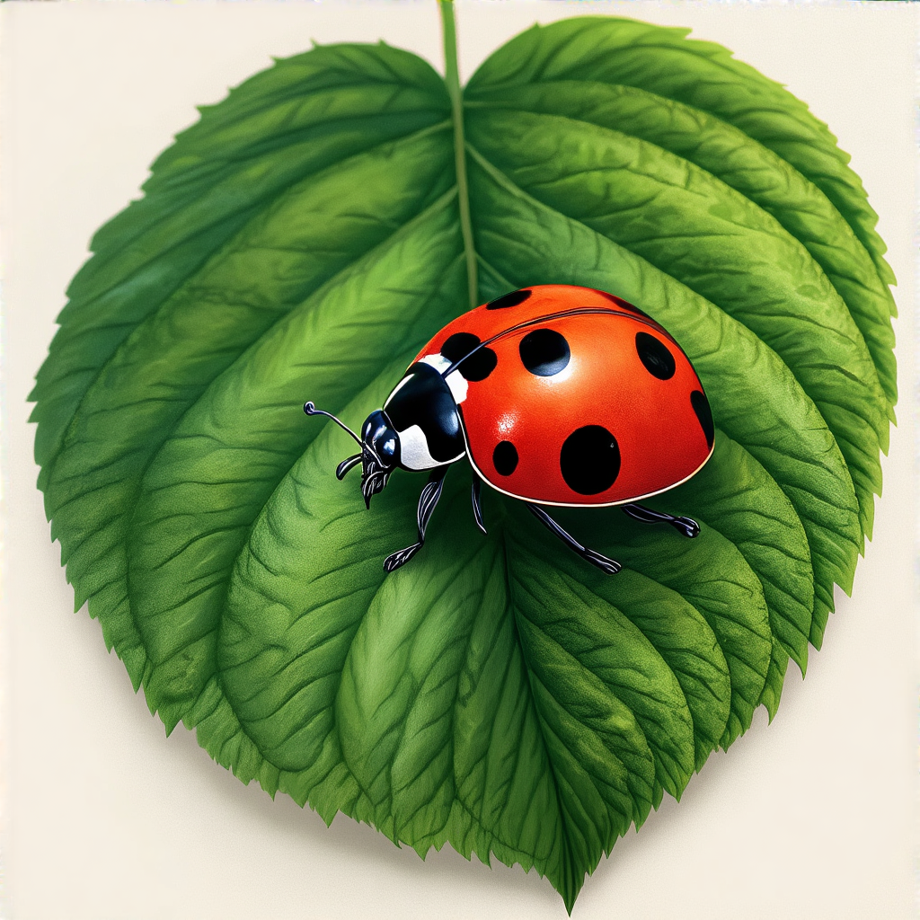 A ladybug sitting on a large green leaf, shown at realistic 