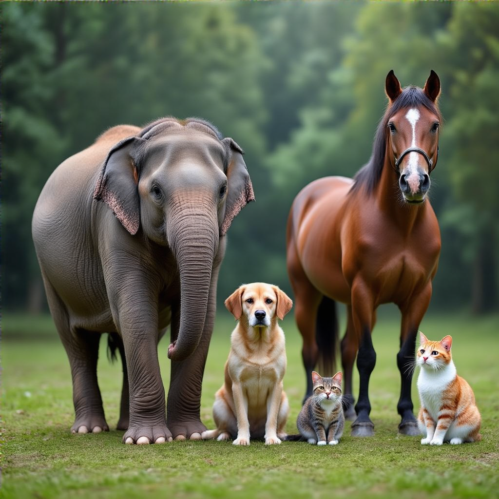 A group photo of an elephant, a horse, a dog, a cat, and a m