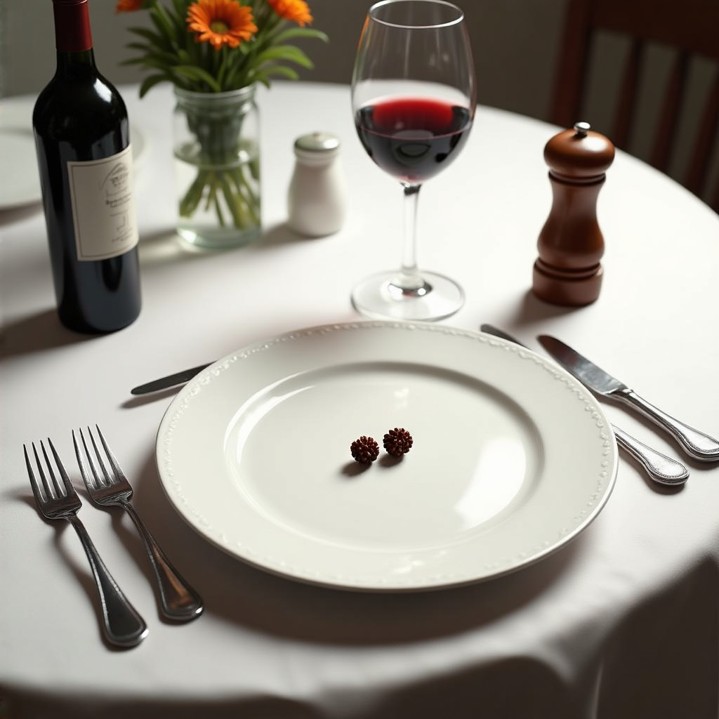 A dinner table scene with a plate, fork, knife, wine glass, 