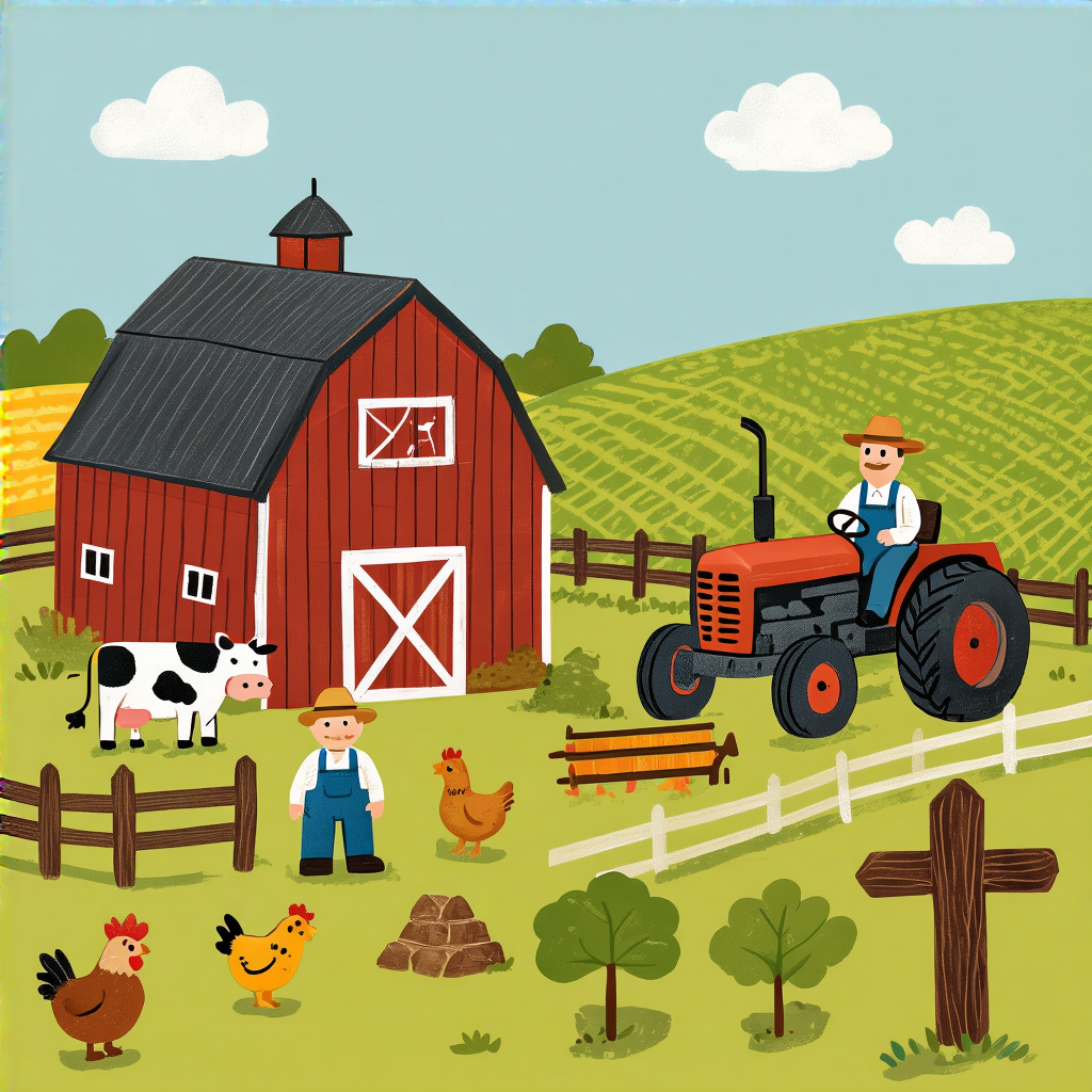 A farm scene with a barn, tractor, farmer, cow, chicken, and