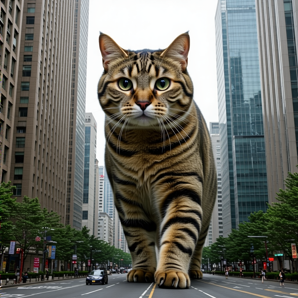 A giant tabby cat walking between city skyscrapers like a ka