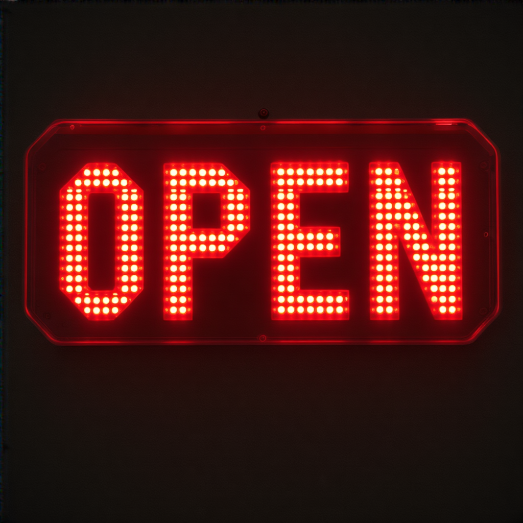 The word 'OPEN' displayed on a red LED sign with glowing pix