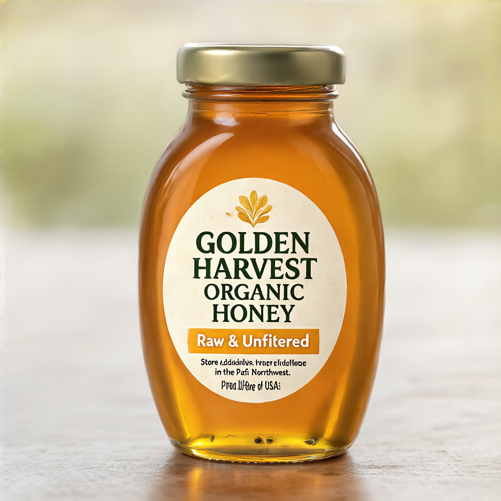 A product label for 'GOLDEN HARVEST ORGANIC HONEY' with subt