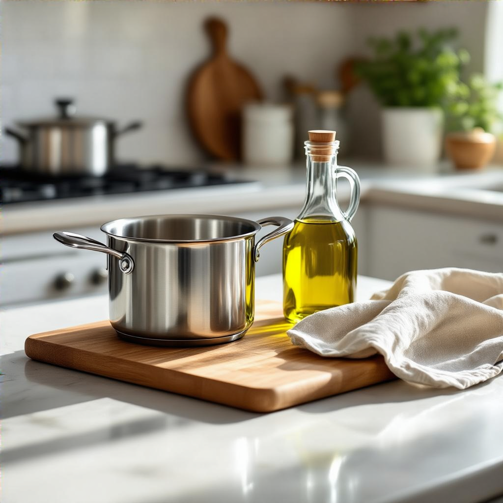 A kitchen counter with a stainless steel pot, a wooden cutti