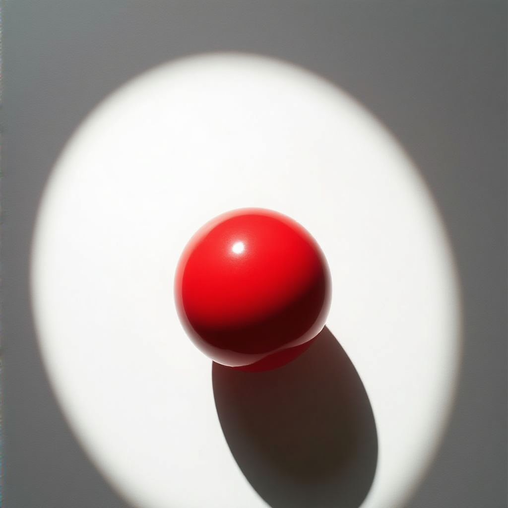 A red sphere on a white surface with a single shadow cast to