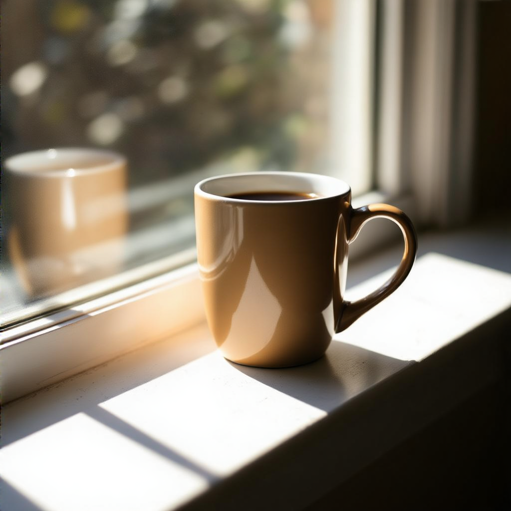 A coffee mug on a sunny windowsill casting a sharp shadow to
