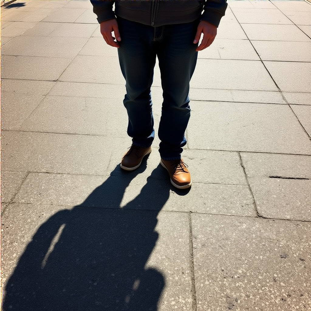 A person standing outdoors at midday with a short shadow dir