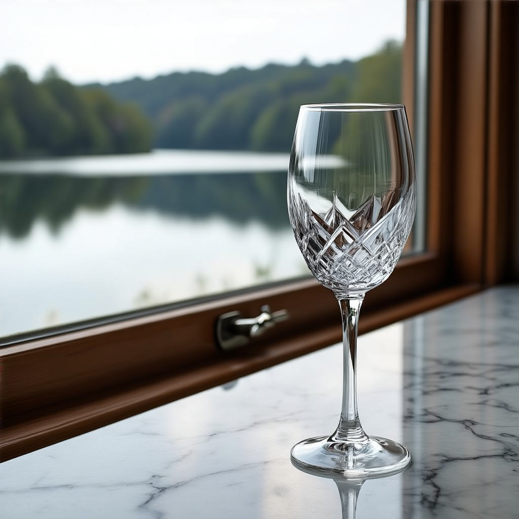 A crystal wine glass on a polished marble counter next to a 
