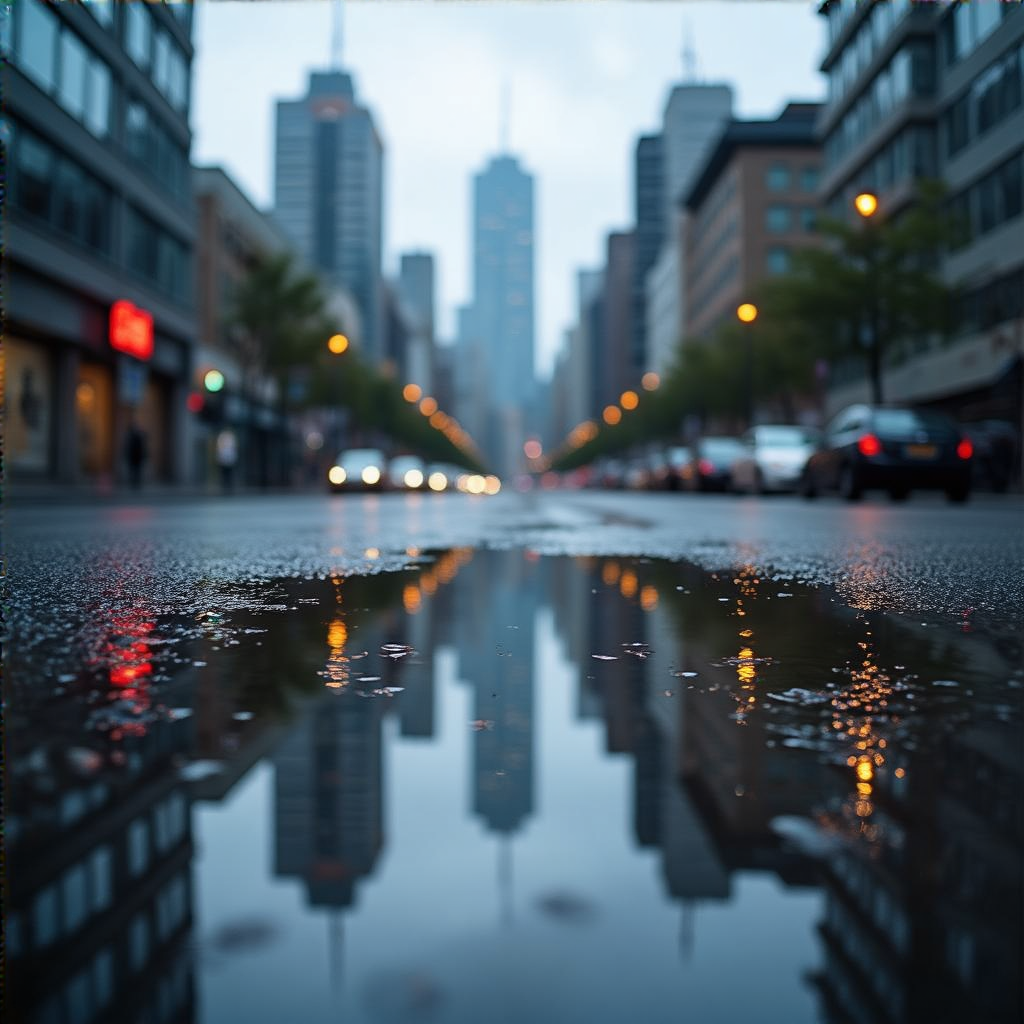 A city skyline reflected in a rain puddle on a street, with 