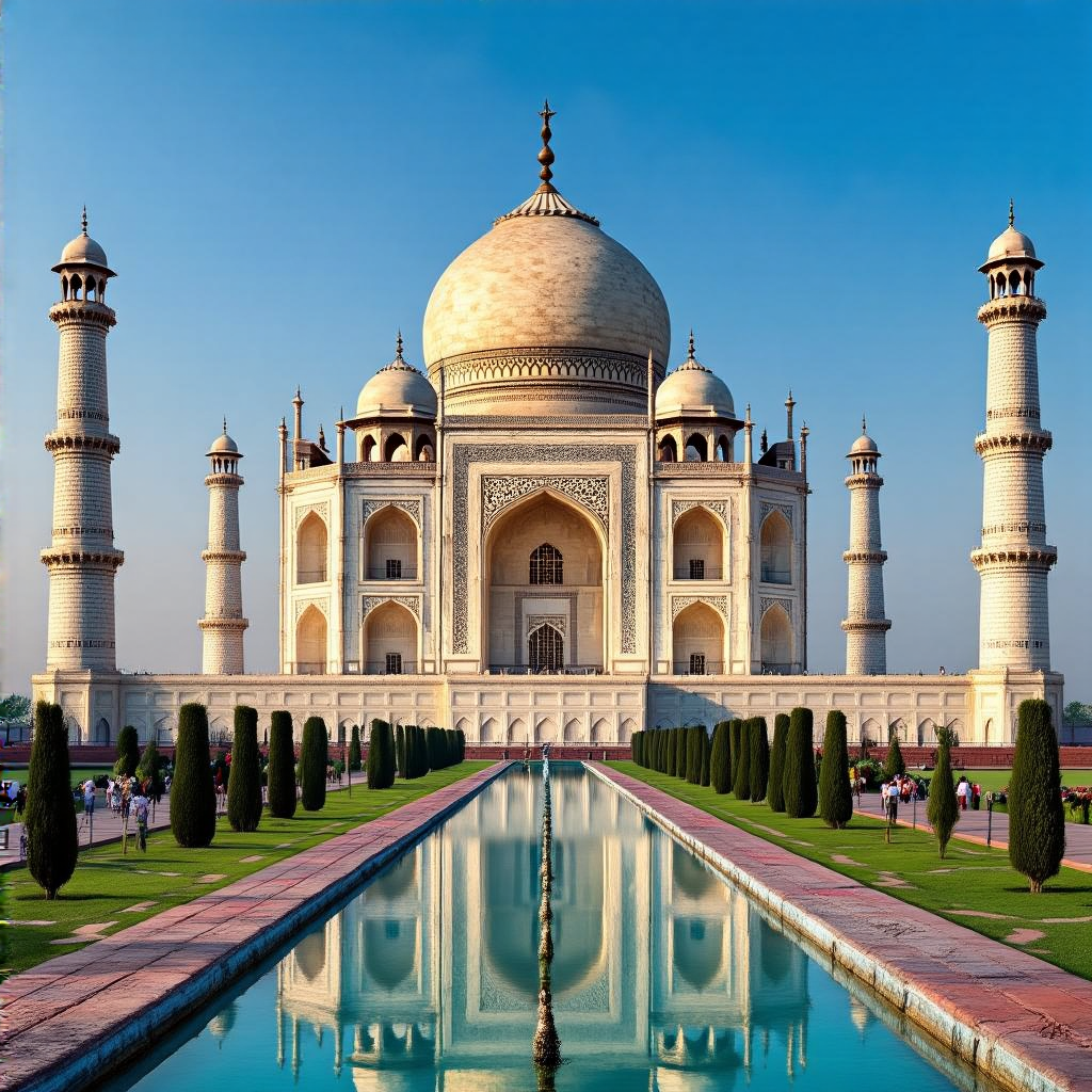 The Taj Mahal in Agra seen from the reflecting pool, with ac
