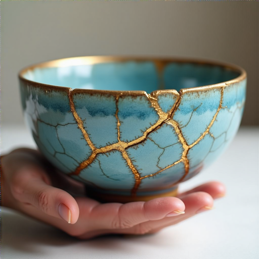 A Japanese kintsugi bowl — cracked ceramic repaired with vis