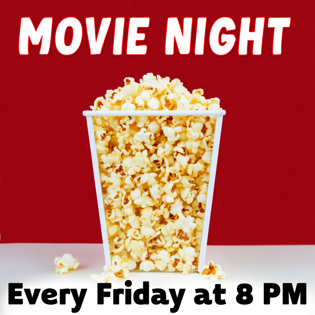 A movie night poster with a large popcorn image in the cente