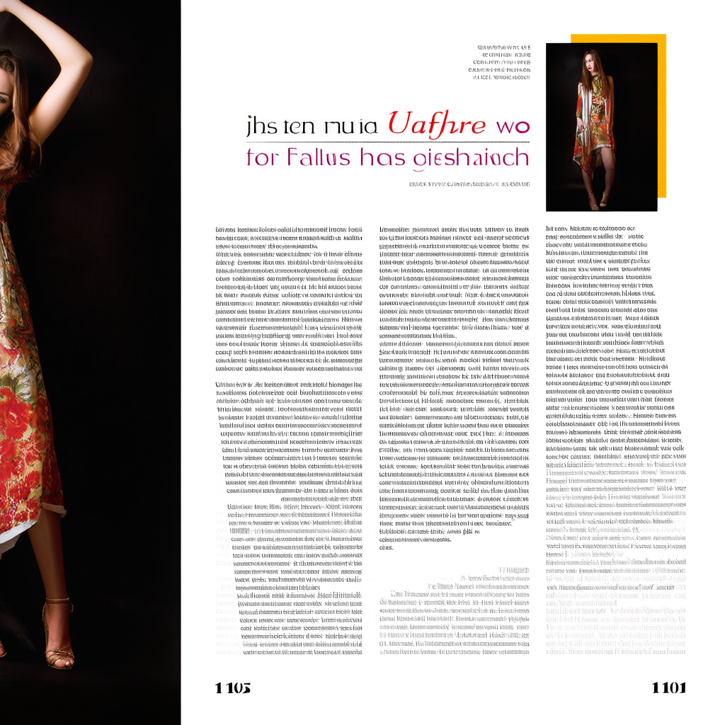 A fashion magazine spread with a full-bleed left-page photo,