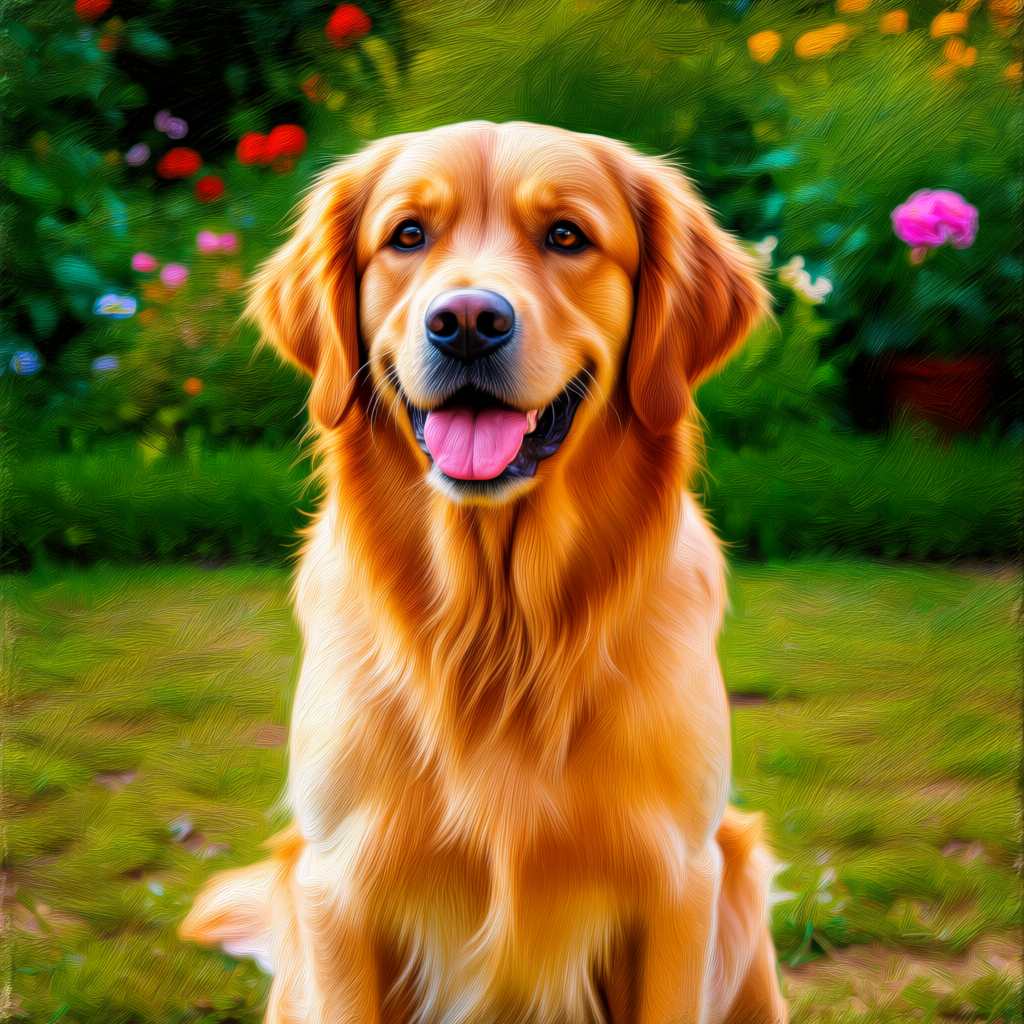 A golden retriever sitting in a garden, painted in the style