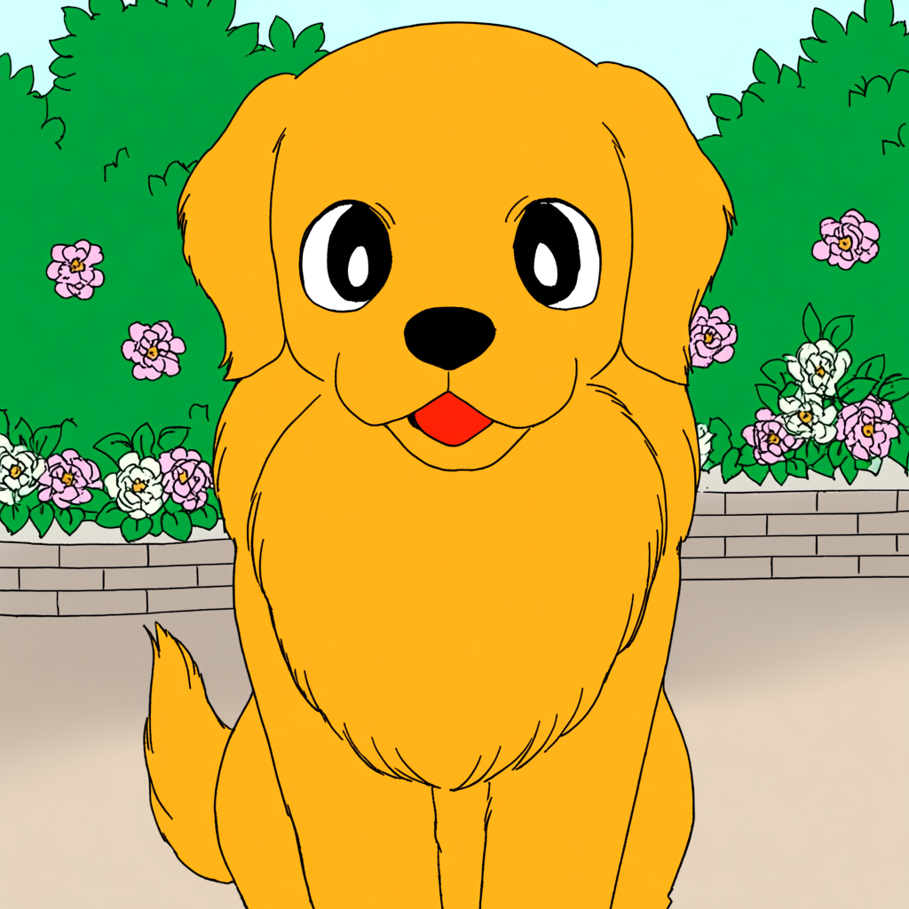 A golden retriever sitting in a garden, rendered in Japanese