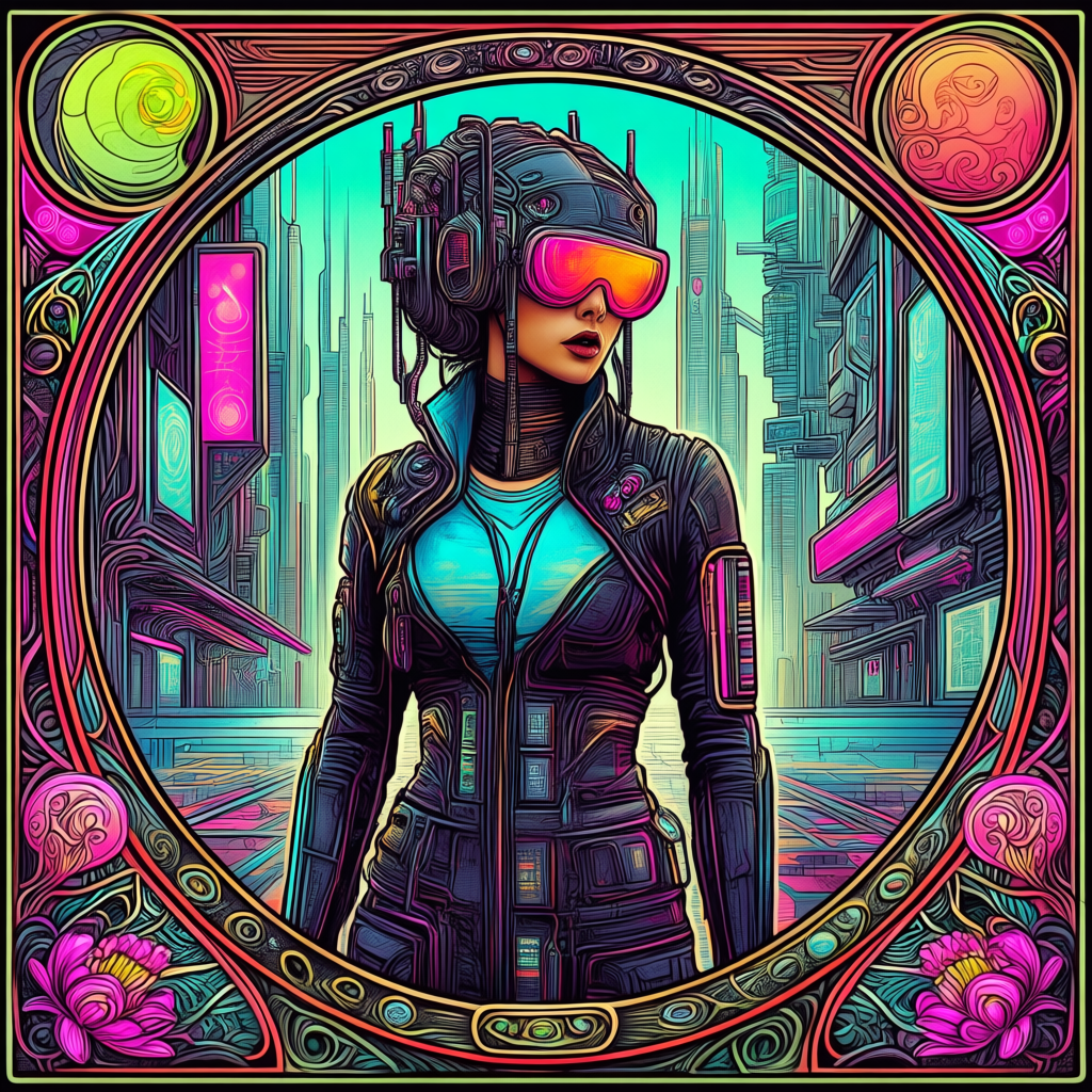 A woman in a futuristic city rendered in cyberpunk Art Nouve