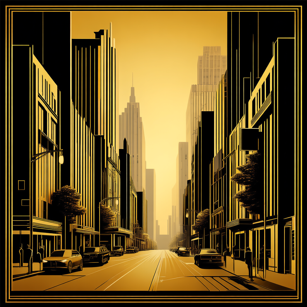 A city street scene in the style of Art Deco — geometric sha