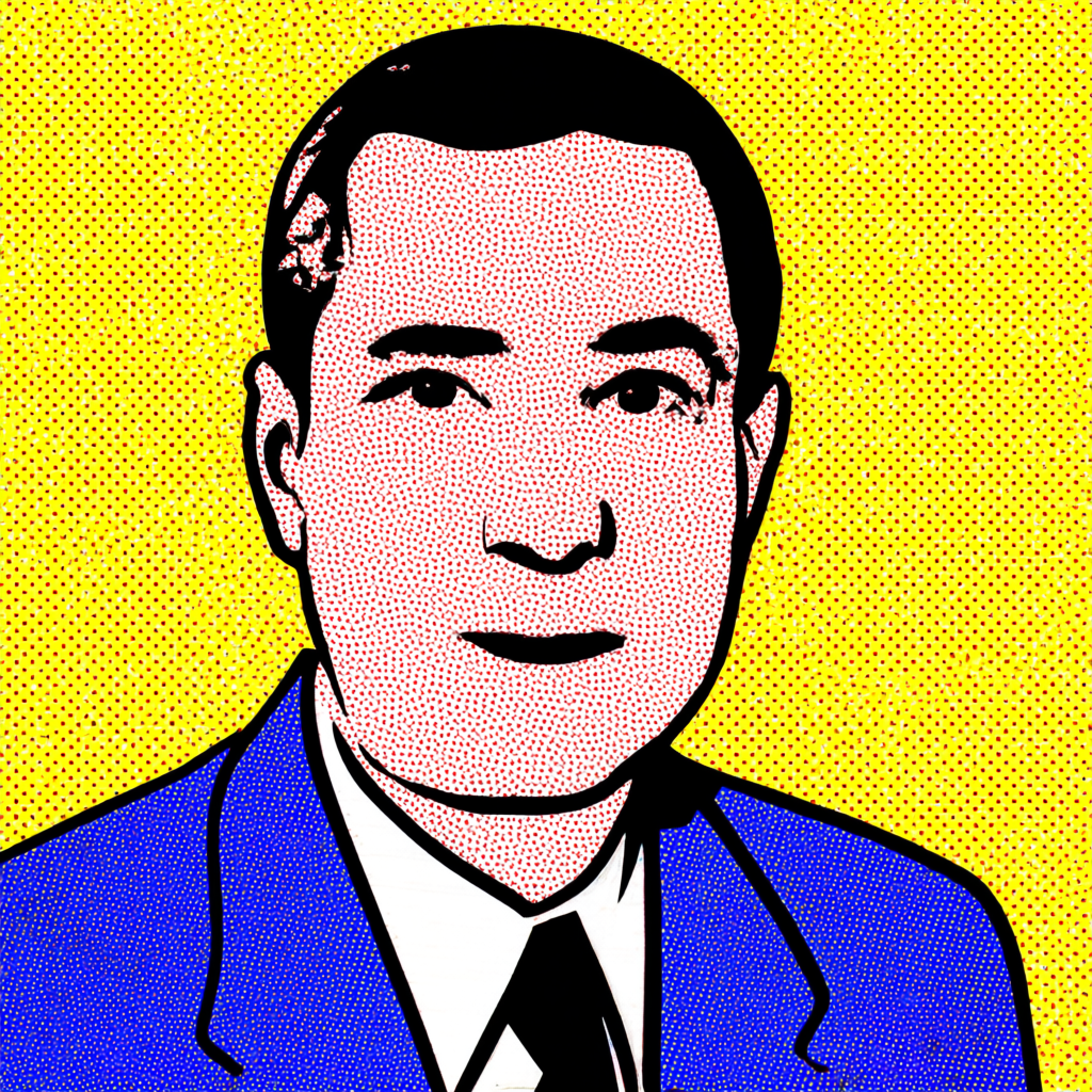A portrait of a man in Pop Art style — bold outlines, Ben-Da
