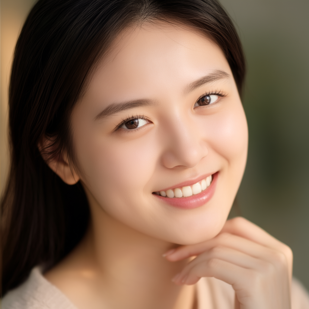 A close-up portrait of a young woman with a warm natural smi