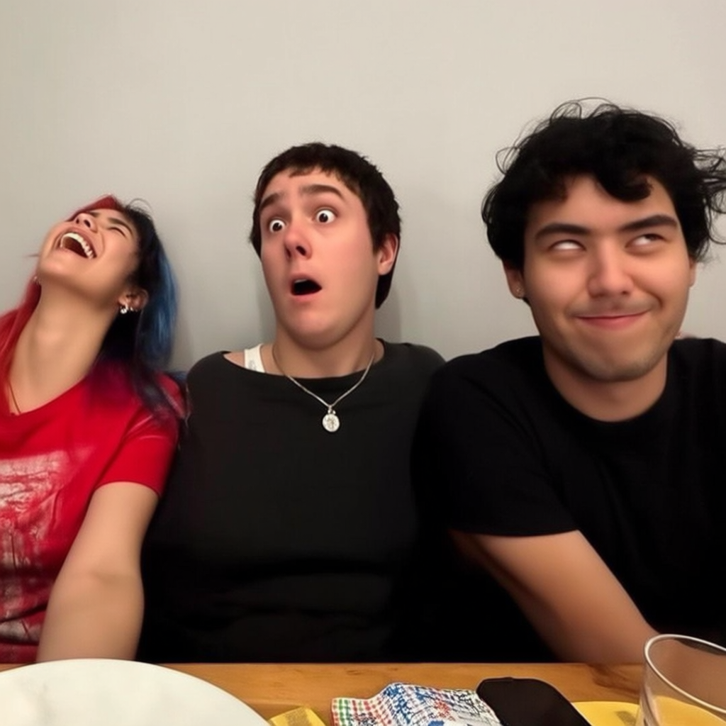 A group of three friends at a table: one laughing with head 