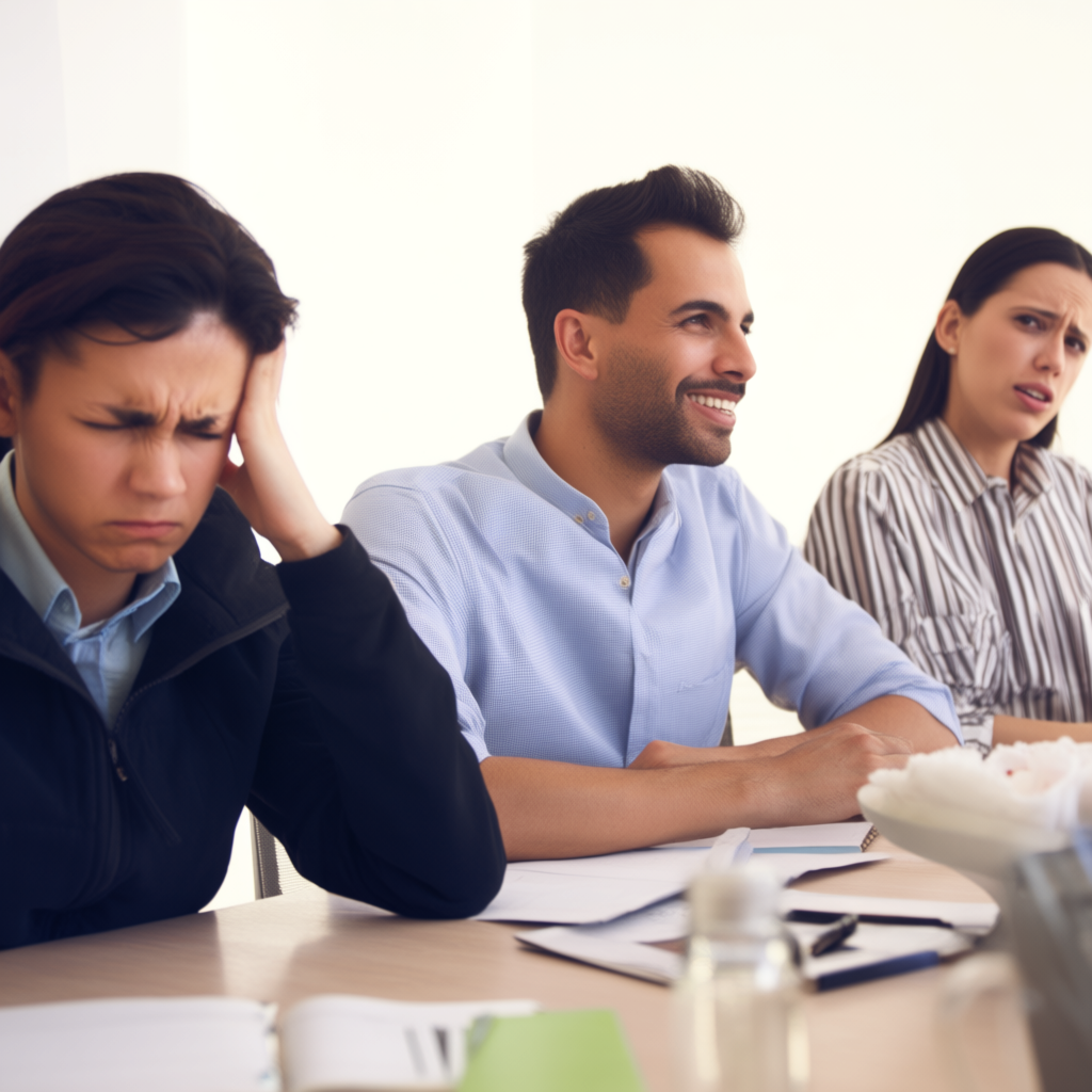 Three coworkers in a meeting: one looking frustrated with fu