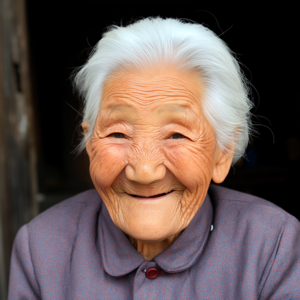An elderly woman in her 80s with deep wrinkles and white hai