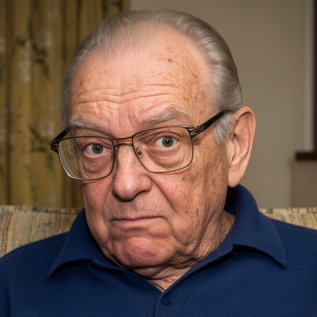 An elderly man in his 70s with age spots and thinning gray h