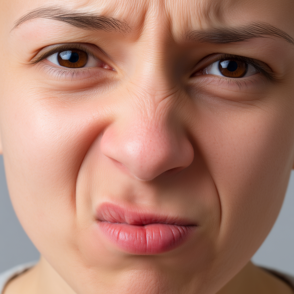 A close-up of a person's face showing clear disgust, nose wr