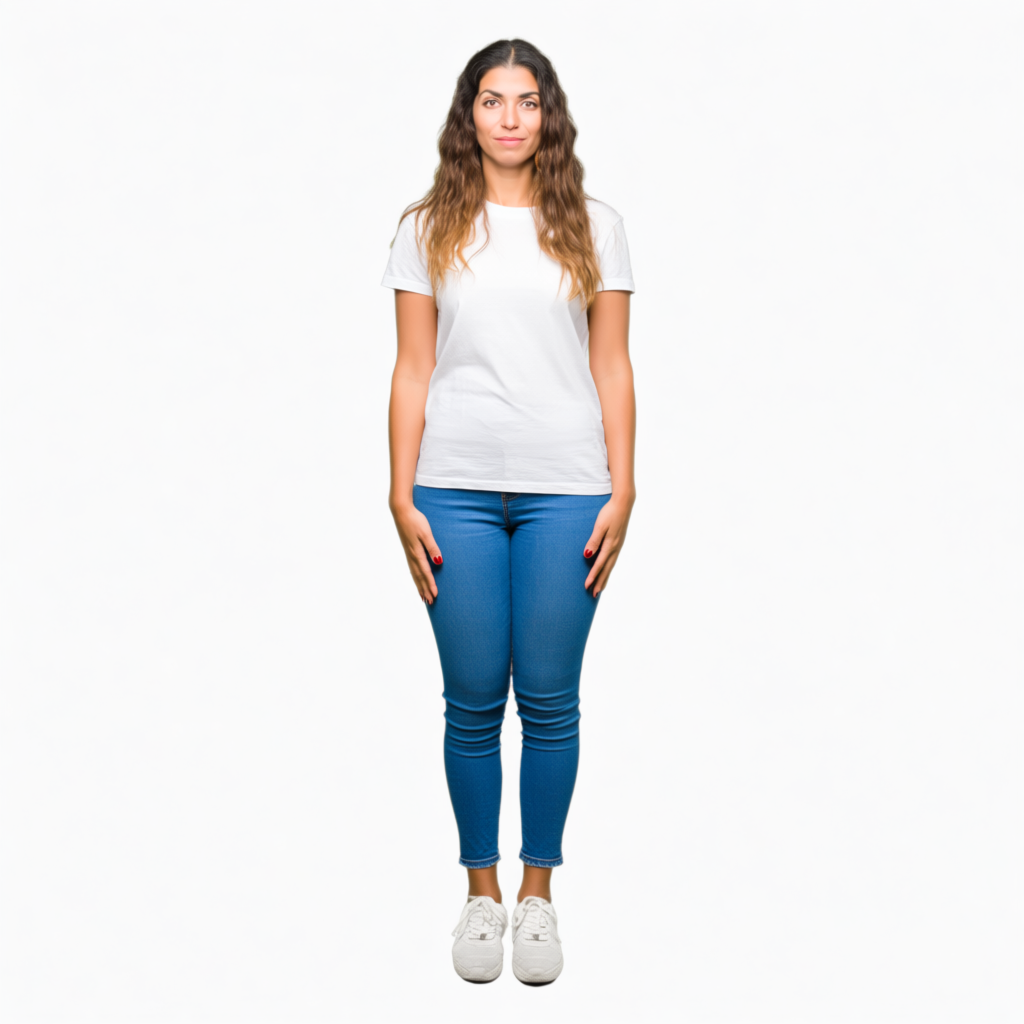 A woman standing upright in a relaxed pose, arms at her side
