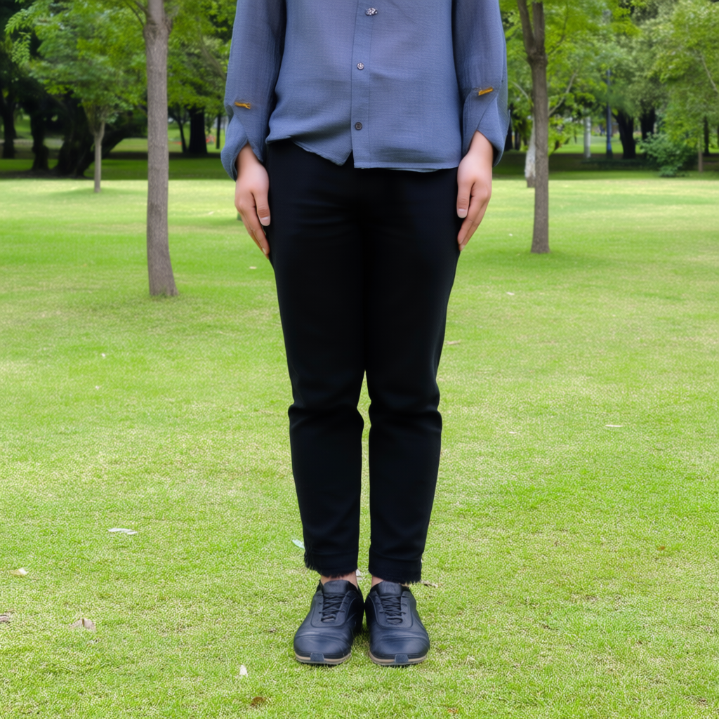 A person standing in a neutral pose in a park, full body vis