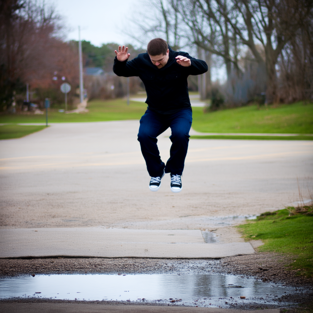 A man captured mid-jump over a puddle, body in the air with 