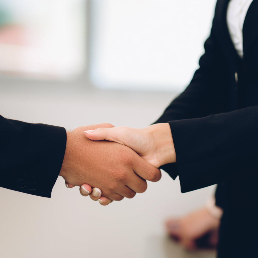 Two people shaking hands in a professional setting, all fing