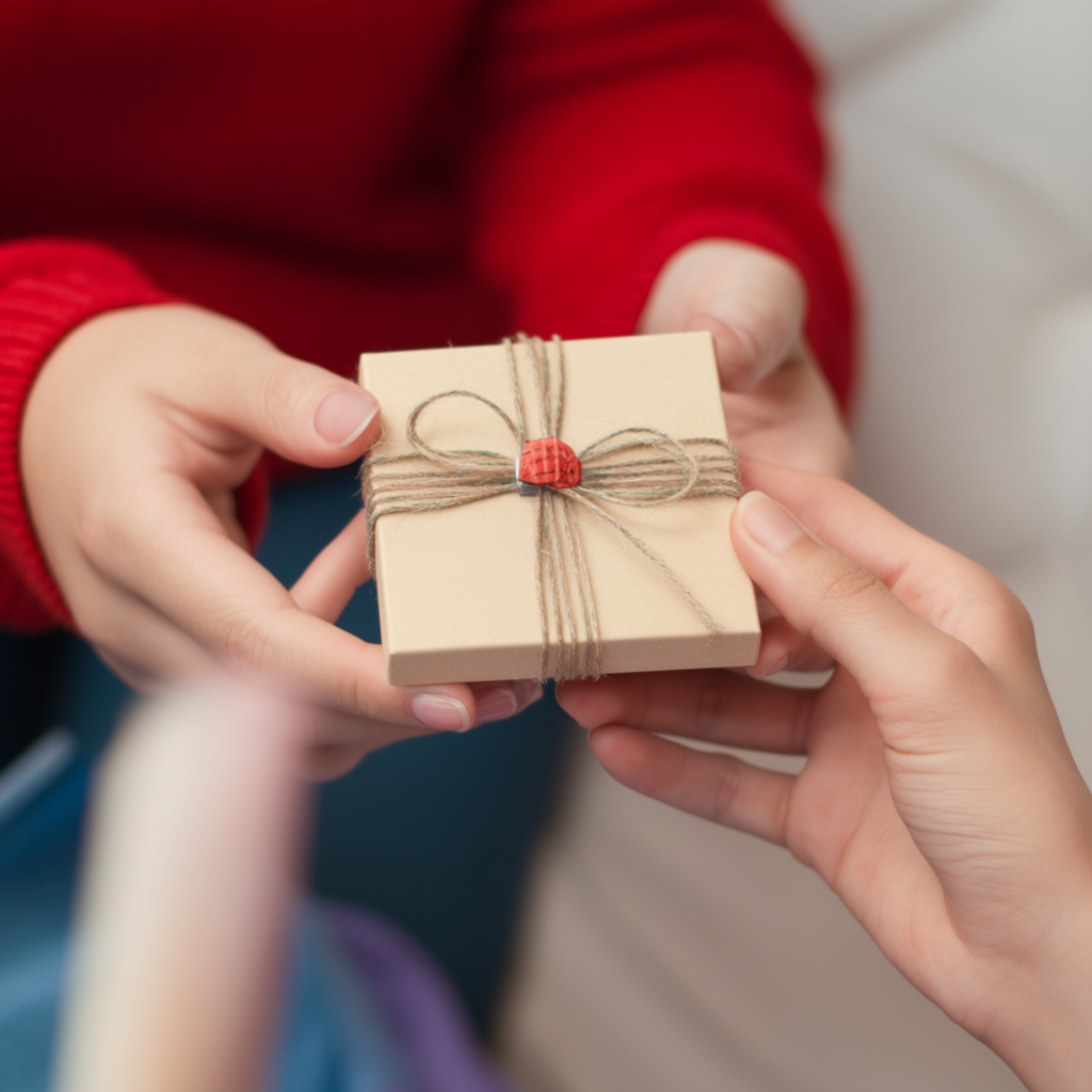 One person handing a small gift box to another person, both 