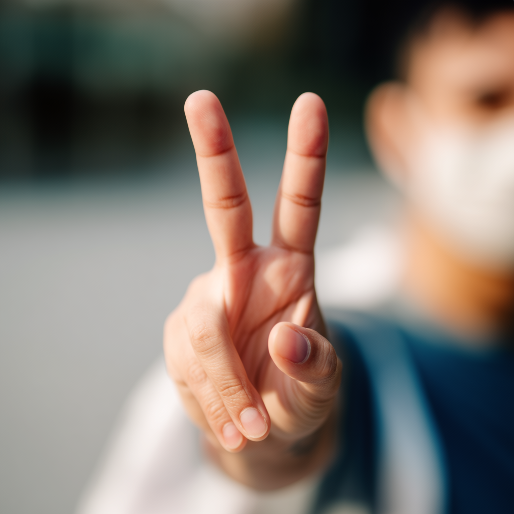 A person making a peace sign with their right hand, clearly 