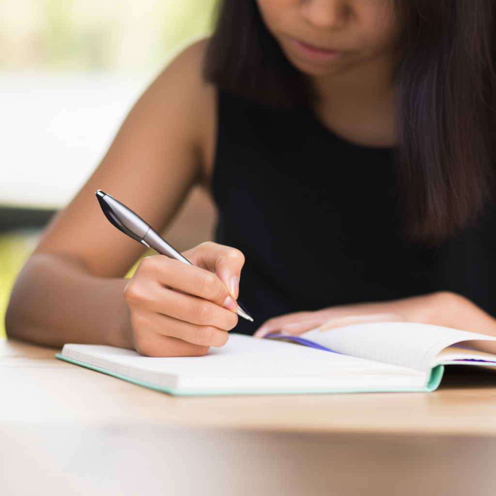 A woman writing in a notebook with a pen gripped correctly i