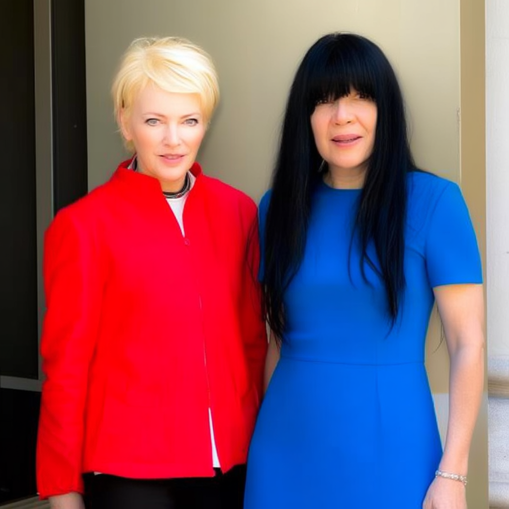 Two women standing side by side: one with short blonde hair 