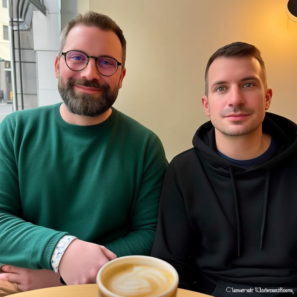 Two men at a cafe: one with a beard and glasses wearing a gr