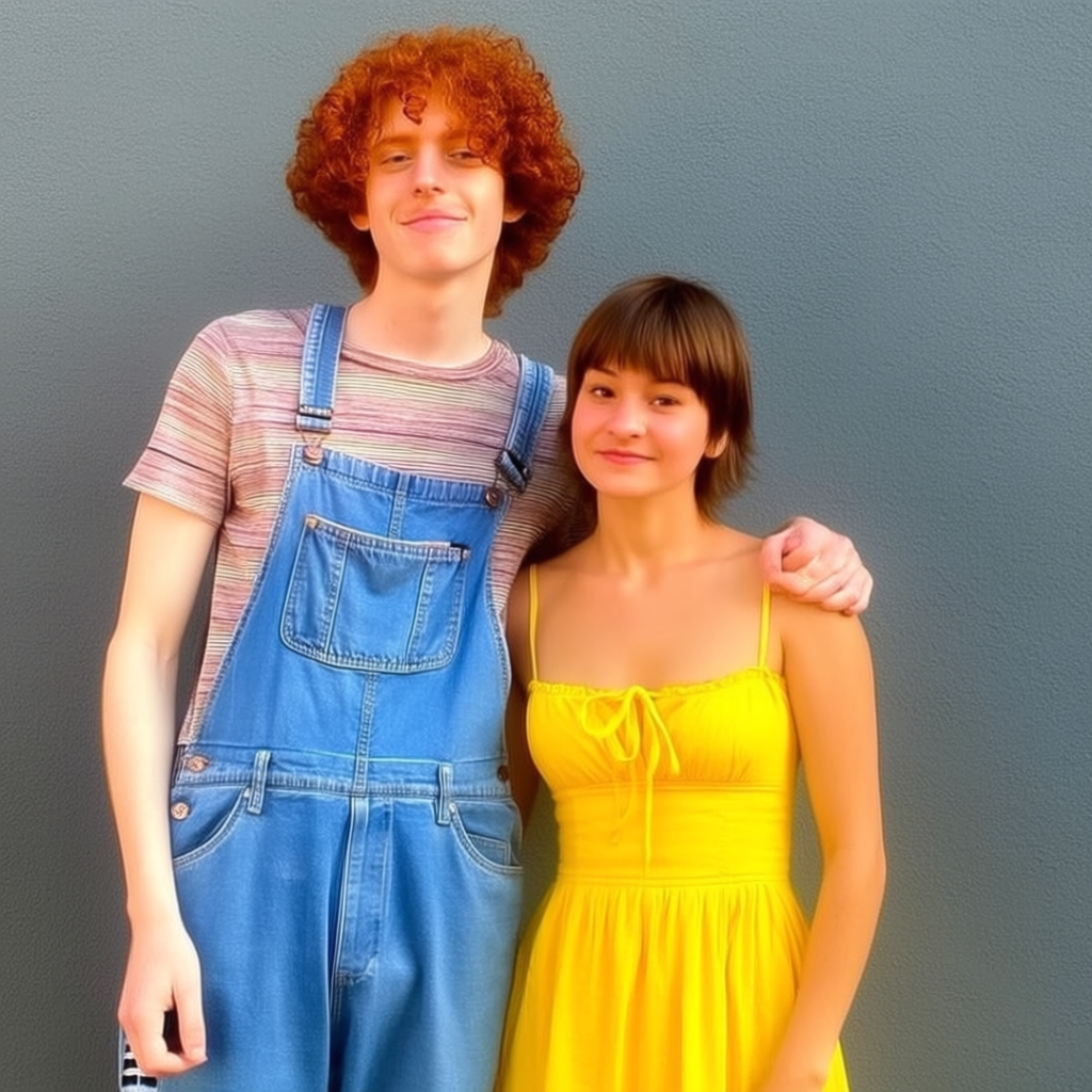 Two friends posing: one tall with curly red hair in denim ov