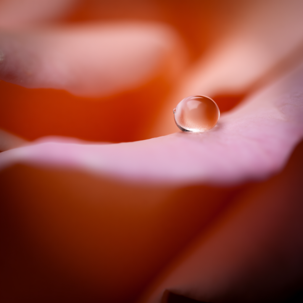 A close-up macro shot of a single dewdrop on a rose petal, s