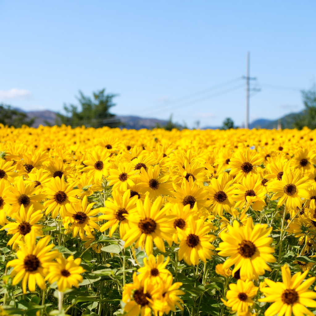 A field of pure sunflower yellow flowers under a clear blue 