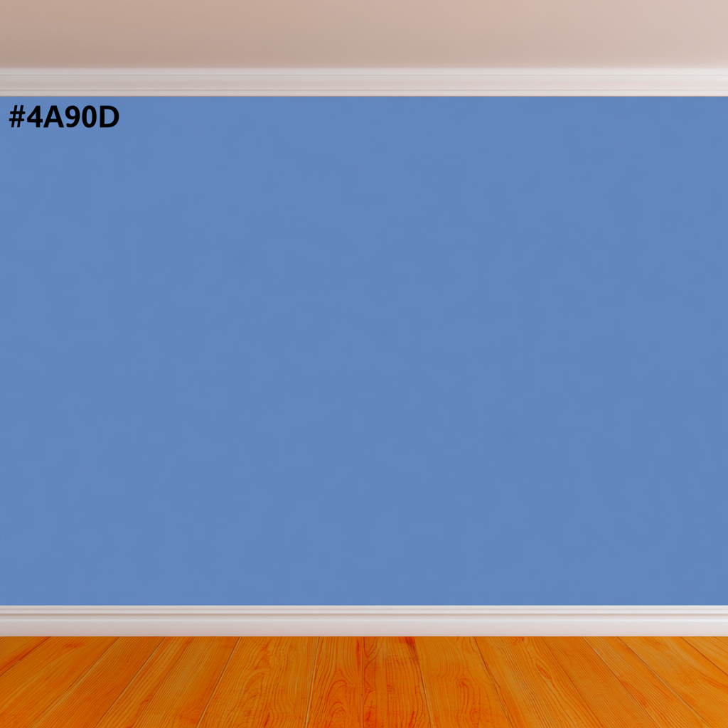 A room with walls in #4A90D9 (medium blue) with warm wooden 