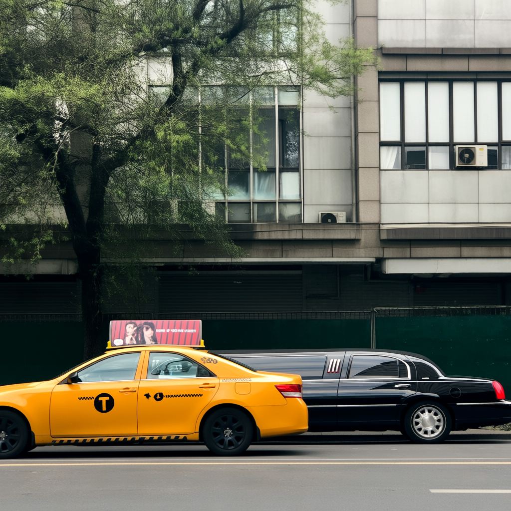A yellow taxi and a black limousine parked next to each othe