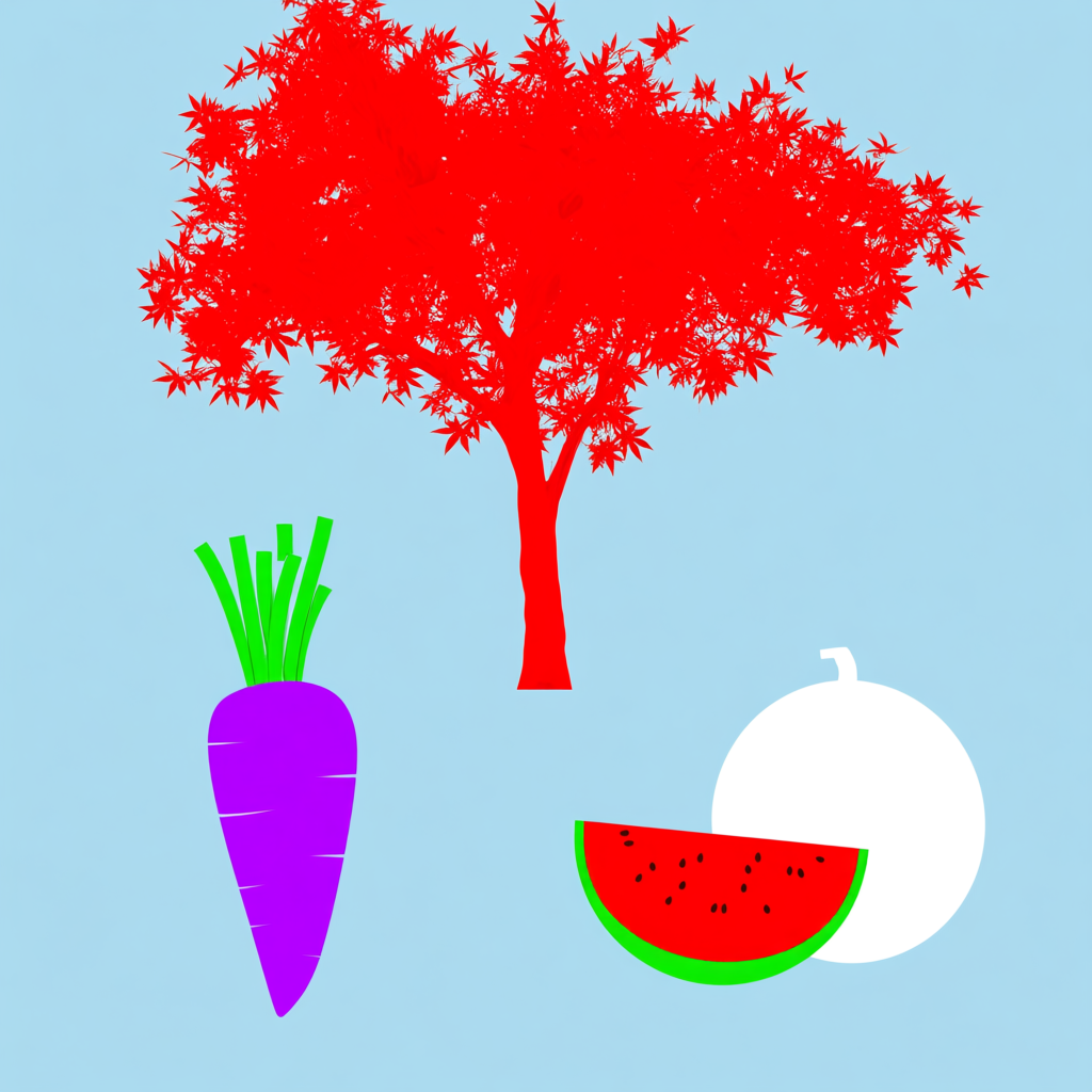 A purple carrot, a red tree with red leaves, and a white wat