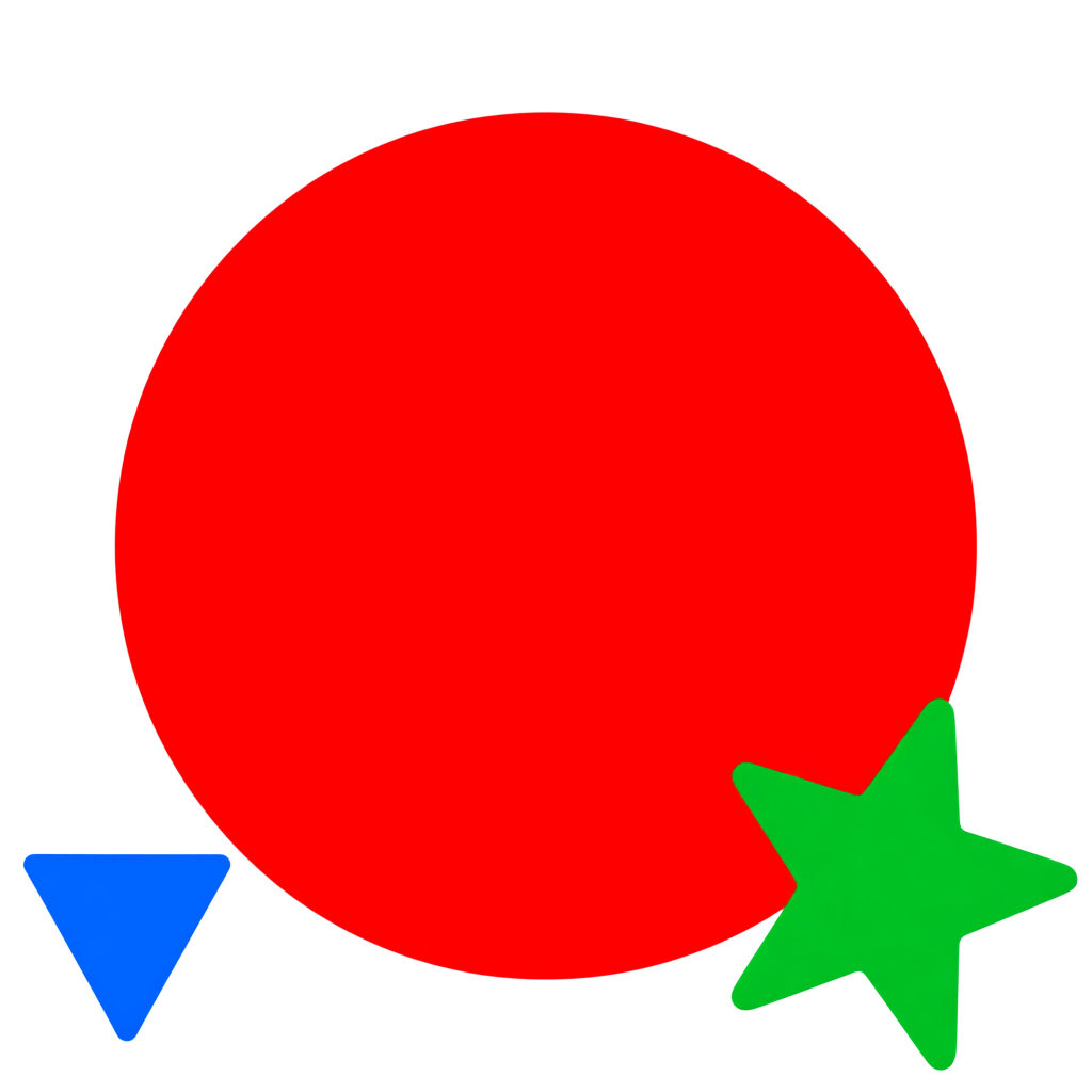 A large red circle, a small blue triangle, and a medium gree