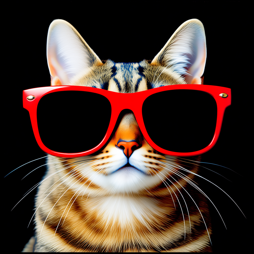 A tabby cat wearing oversized red sunglasses