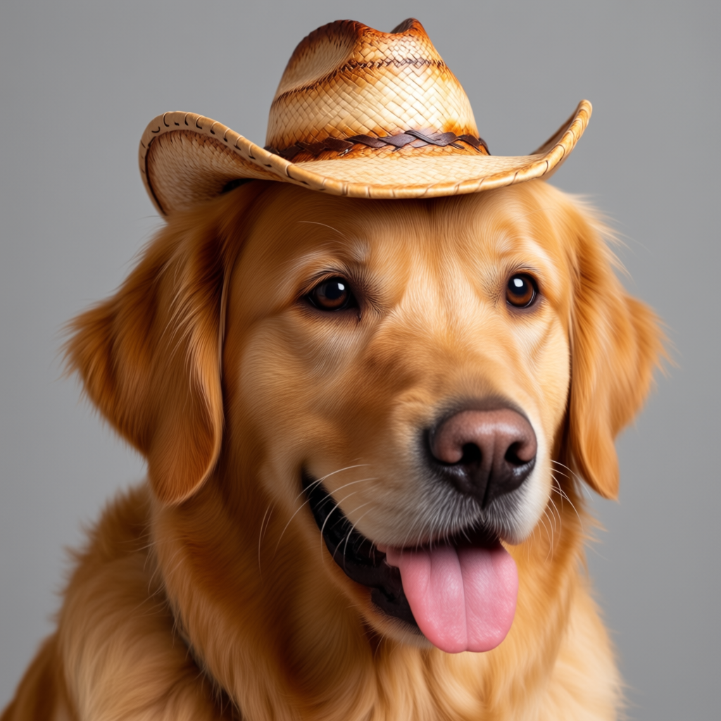 A golden retriever wearing a tiny cowboy hat