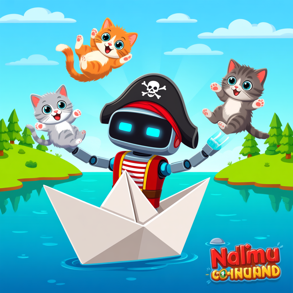 A robot dressed as a pirate sailing a paper boat on a lake o