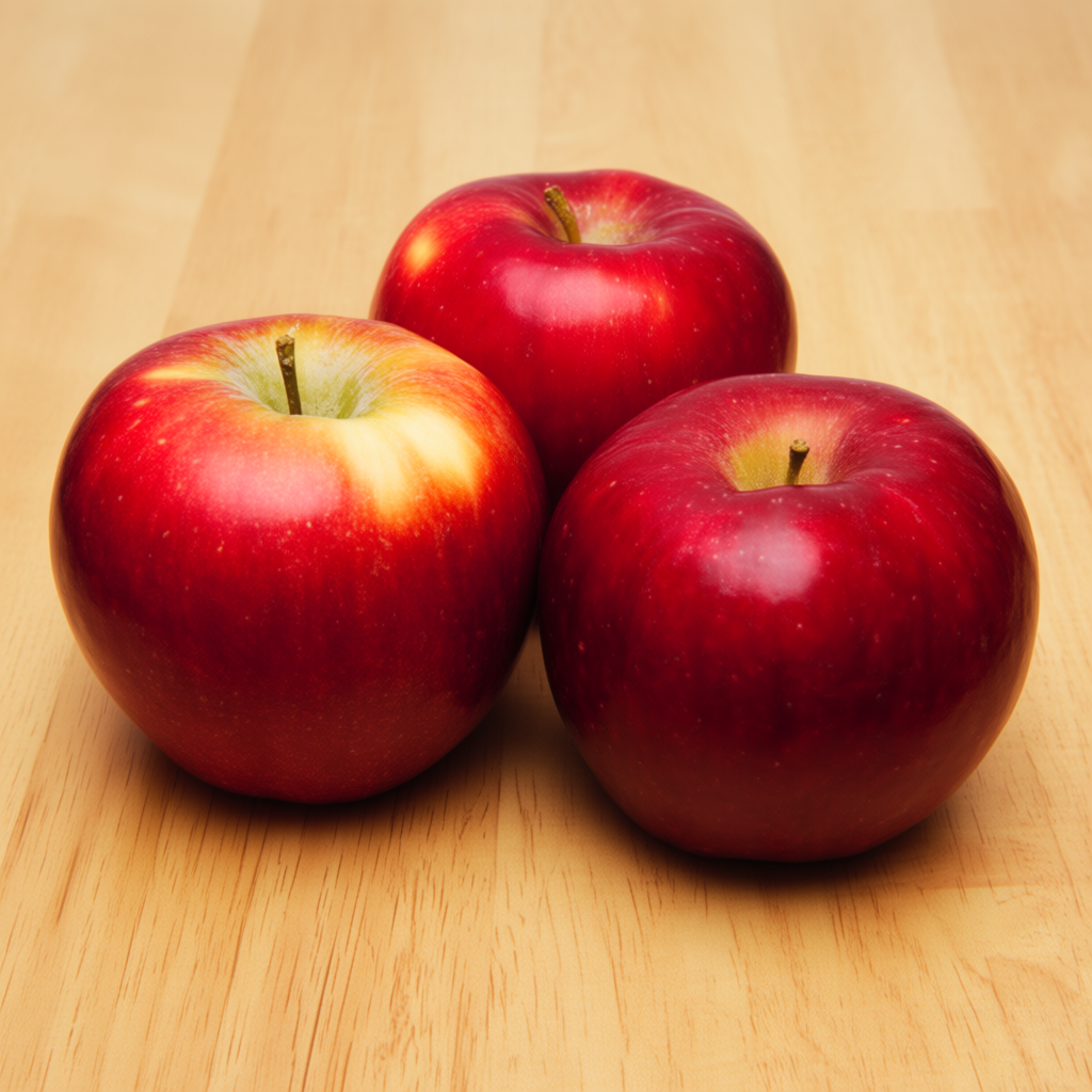 Exactly 3 red apples arranged on a wooden table