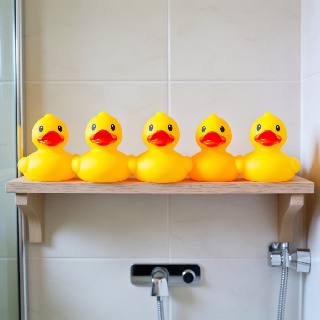 Exactly 5 yellow rubber ducks sitting in a row on a bathroom