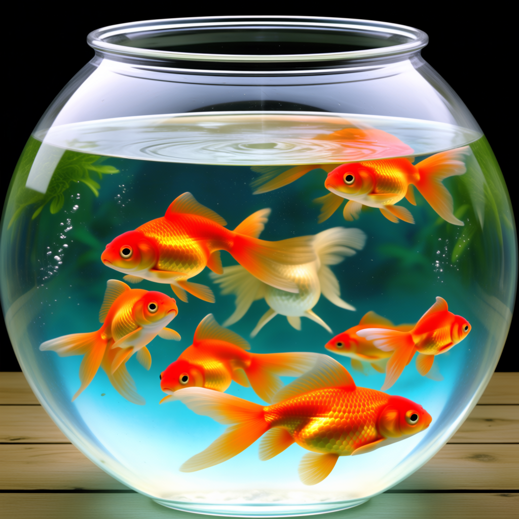 Exactly 9 goldfish swimming in a large round fishbowl